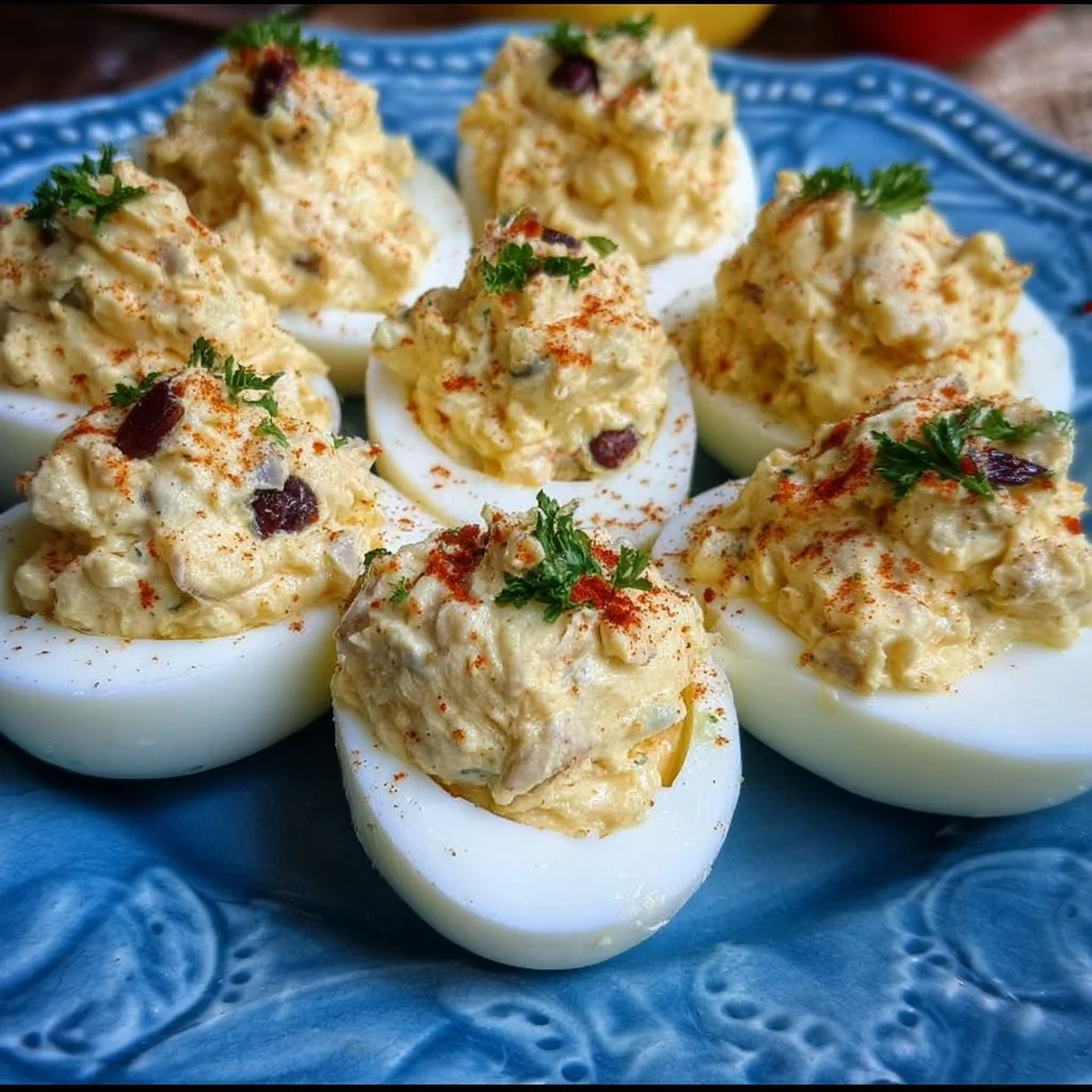 Chicken Salad Deviled Eggs elegantly presented on a platter