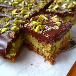 Delicious homemade chocolate pistachio bars stacked on a plate.