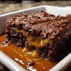 Delicious Chocolate & Caramel Dump Cake topped with chocolate drizzle.