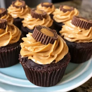 Delicious chocolate peanut butter cupcakes topped with creamy frosting