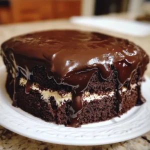 A slice of classic chocolate cake on a plate with chocolate frosting