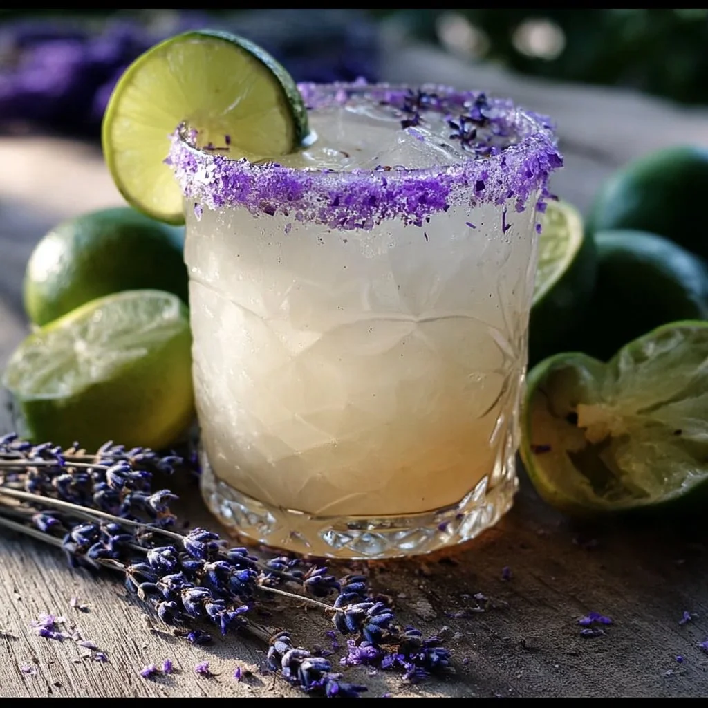 Coconut Lavender Margarita cocktail with lavender garnish