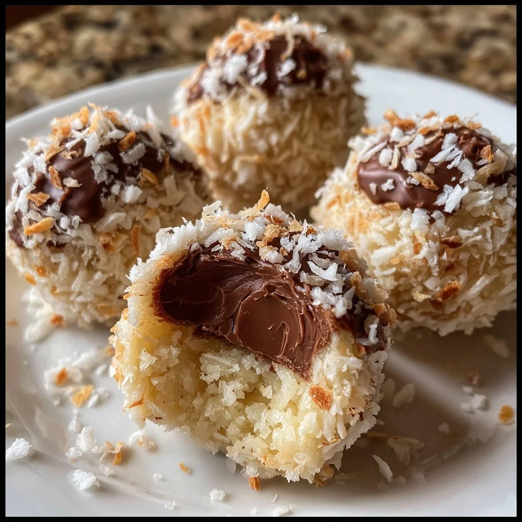 Coconut no-bake truffles with a chocolate center on a plate.