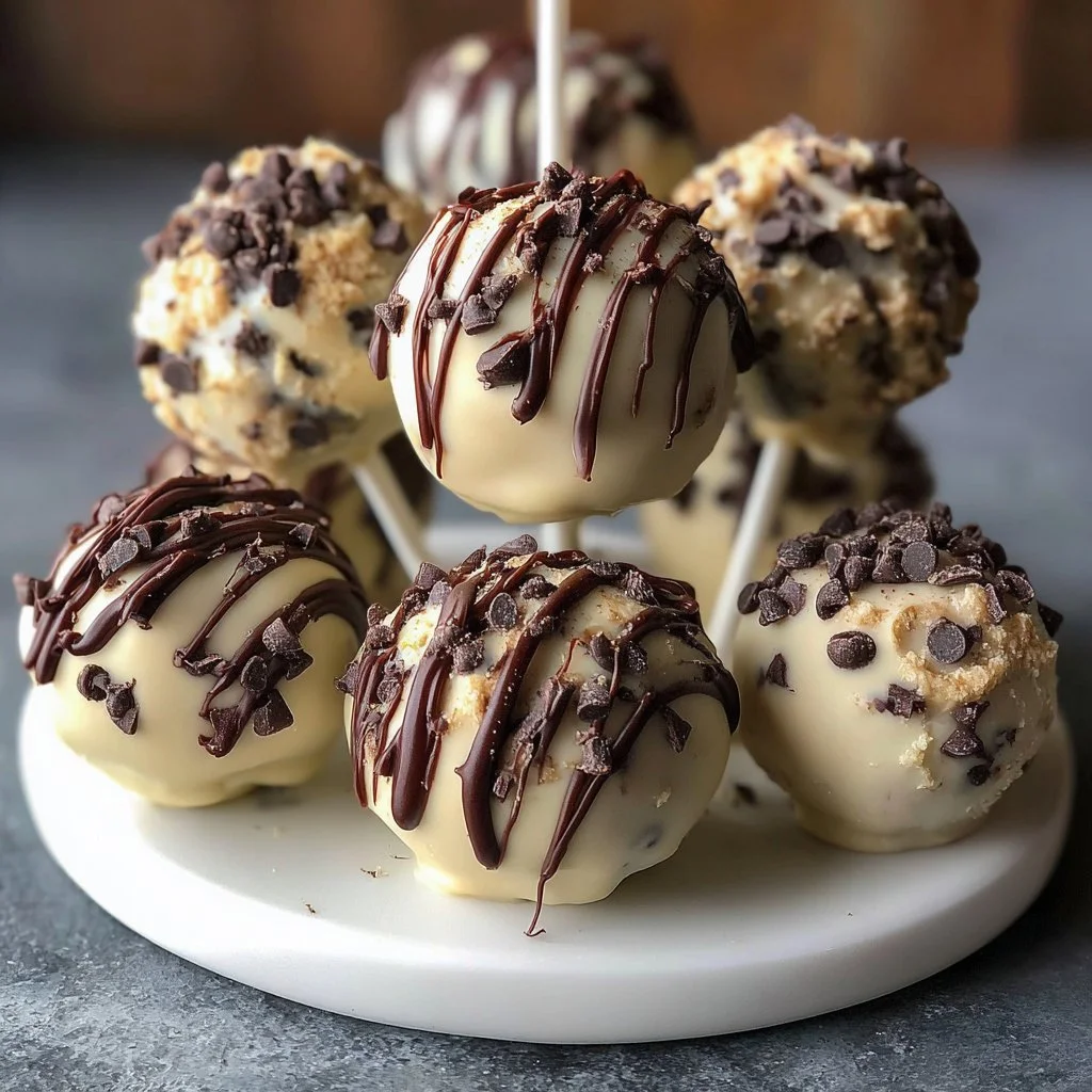Delicious Cookie Dough Truffle Pops on a platter with chocolate drizzle