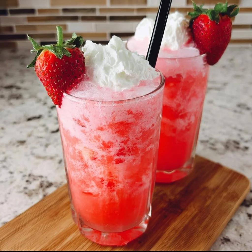 Refreshing strawberry cream soda served in a glass with ice and a straw.