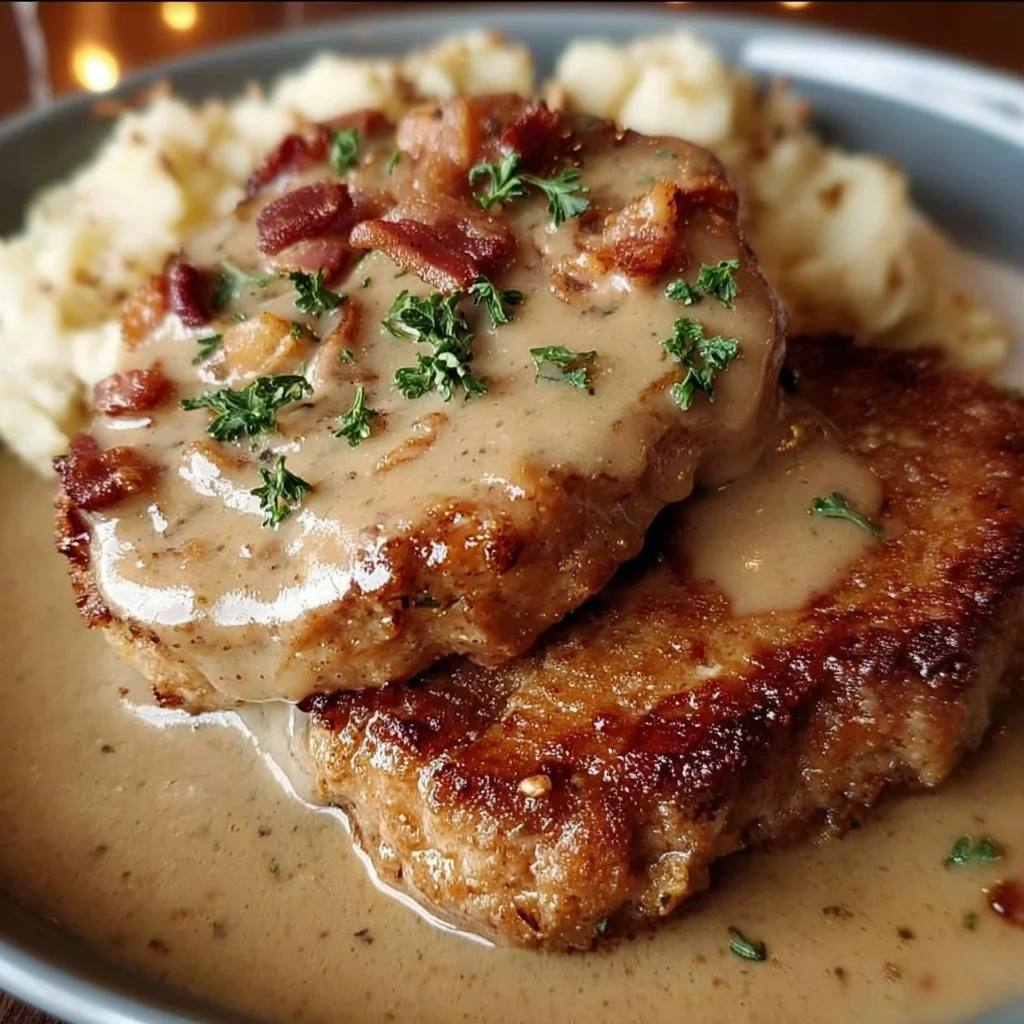 Country fried pork chops served with creamy bacon gravy