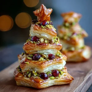 Cranberry, Camembert & Pistachio Christmas Tree Puff Pastry on a festive table