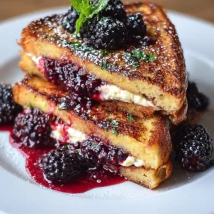 Cream Cheese Stuffed French Toast with Blackberry Compote on a plate