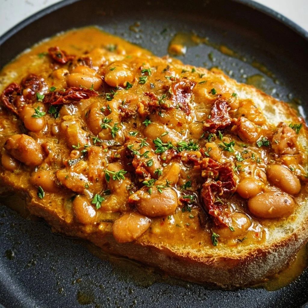 Creamy bean pan dish with sun-dried tomatoes served in a skillet.