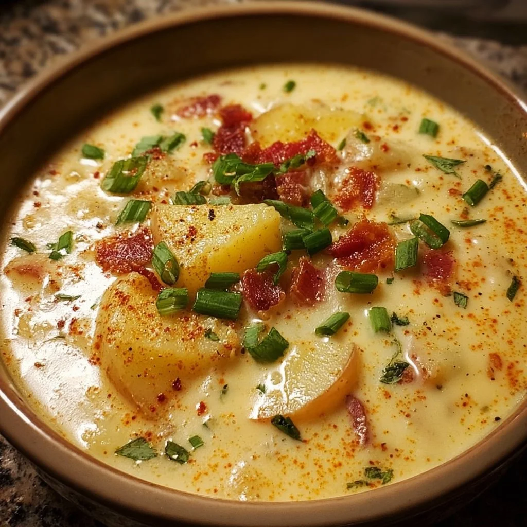 Bowl of creamy Cajun potato soup garnished with herbs and spices.