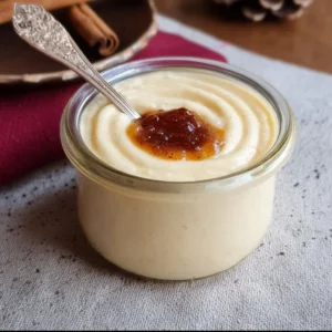 Jar of creamy eggnog jam with spices and a festive background
