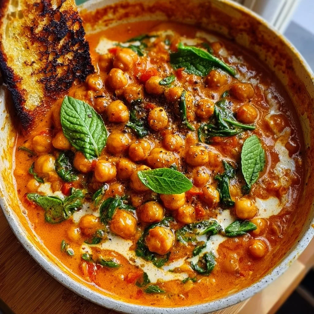 Creamy harissa chickpea stew garnished with fresh herbs in a bowl