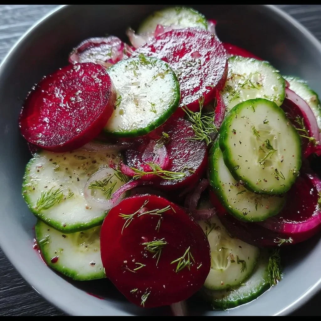 Crisp cucumber and beetroot salad in a colorful bowl, garnished with herbs.