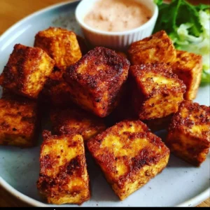 Crispy Air Fryer Tofu served on a white plate with a side of dipping sauce.