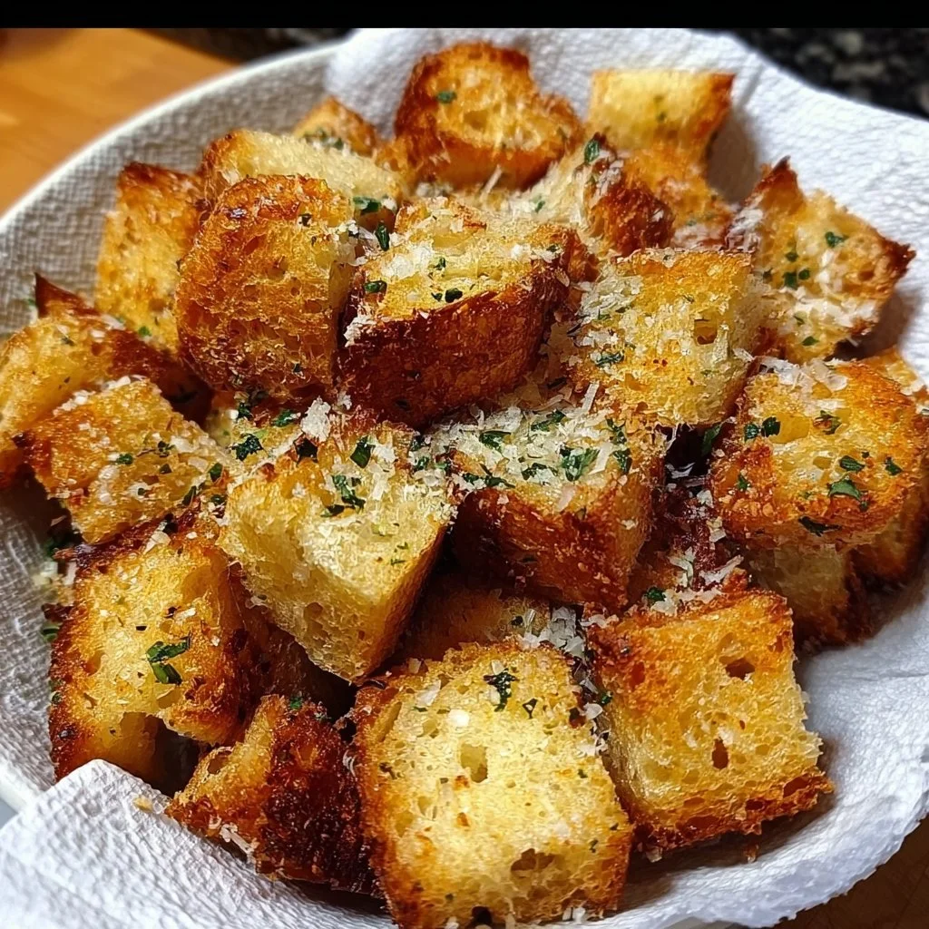 Bowl of crispy sourdough croutons on a wooden table