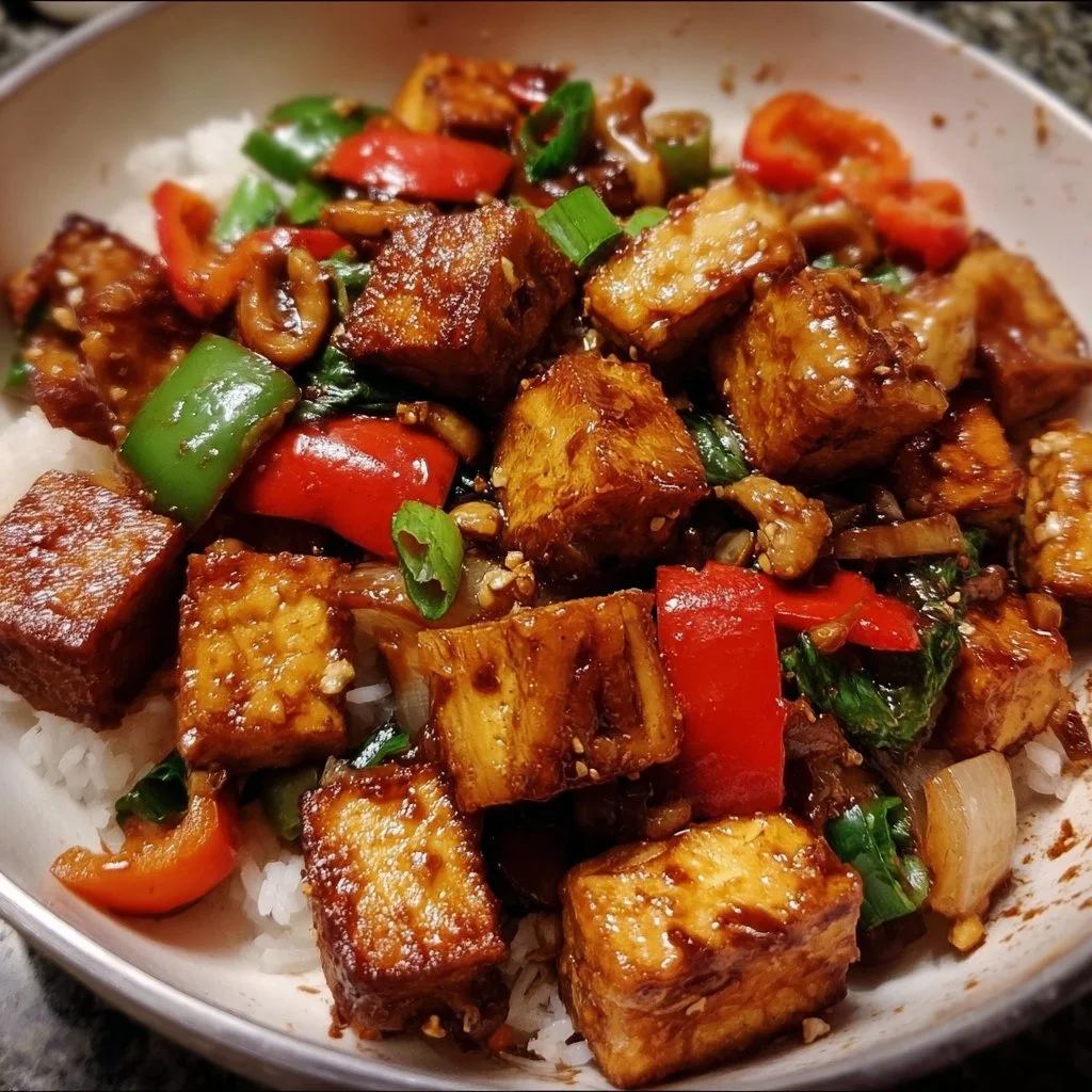 Crispy tofu stir fry with colorful vegetables in a bowl