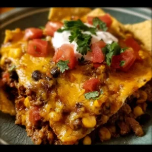 A delicious Crockpot Taco Casserole topped with cheese and salsa, served in a dish.