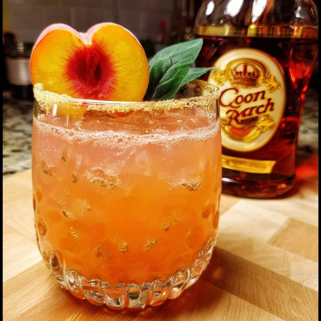 Crown Royal Peach Ring cocktail garnished with peach slices and mint leaves