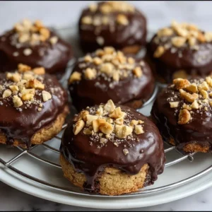 Crunchy chocolate hazelnut cookies dipped in ganache on a plate.