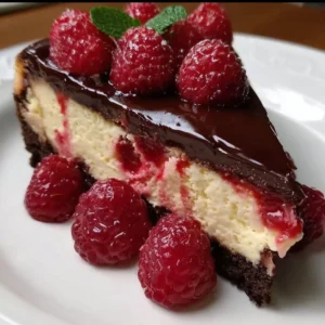 Slice of dark chocolate raspberry cheesecake on a white plate with fresh raspberries