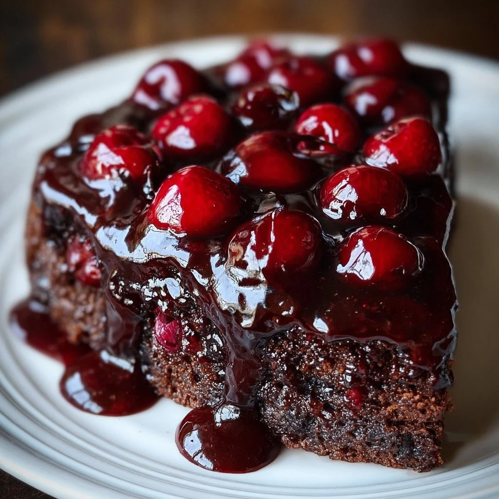 Decadent chocolate cherry upside down cake topped with fresh cherries and chocolate.