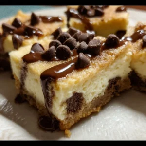 Decadent chocolate chip cheesecake bar bites on a dessert platter