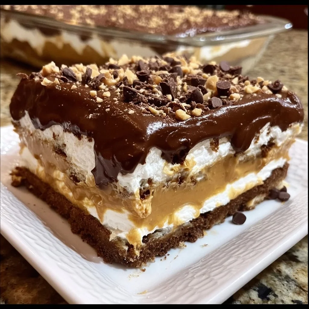Decadent chocolate peanut butter lasagna dessert layered with chocolate and peanut butter