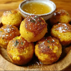 Delicious honey butter cornbread poppers served warm with a drizzle of honey.