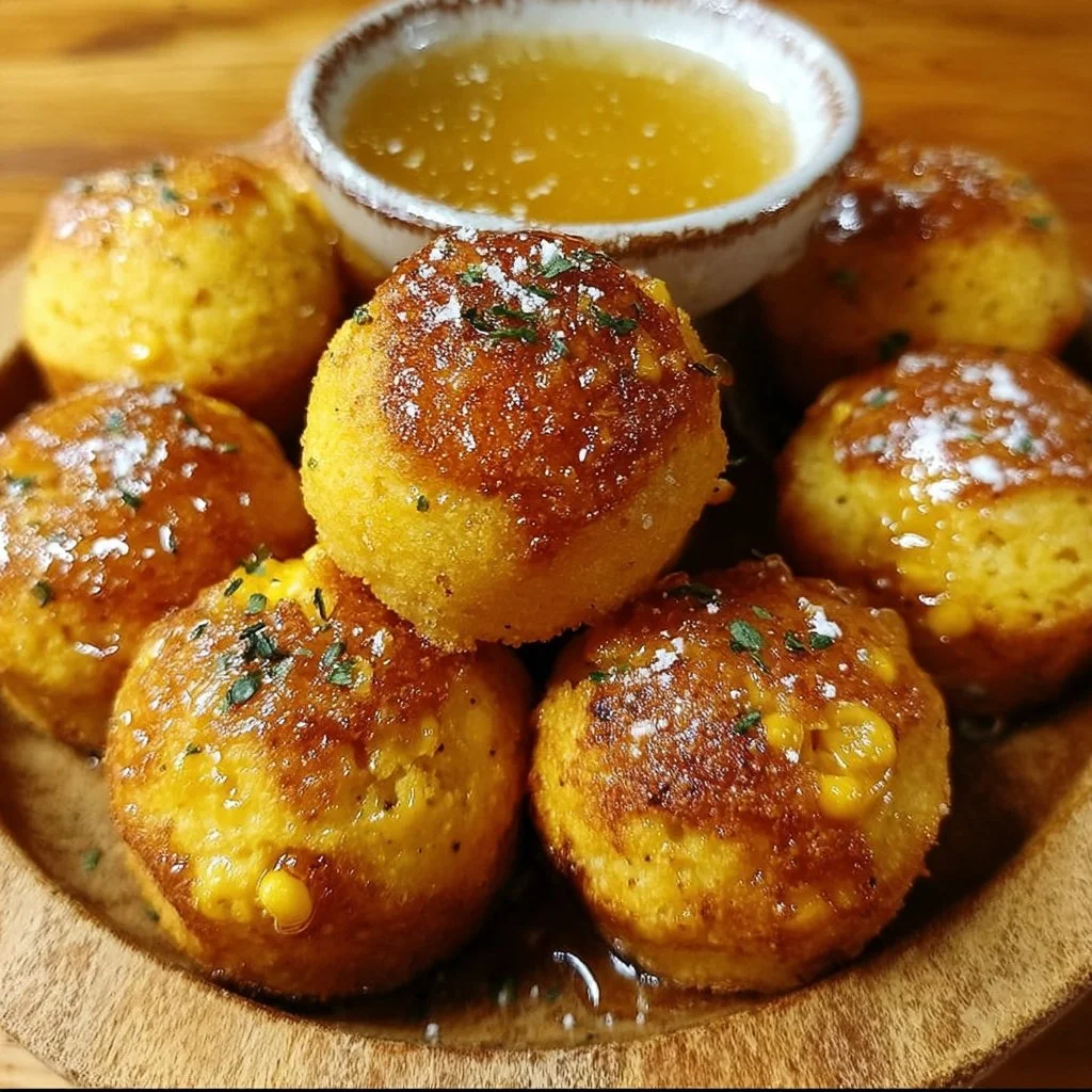 Delicious honey butter cornbread poppers served warm with a drizzle of honey.