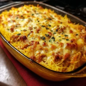 A delicious serving of spaghetti squash casserole garnished with herbs.