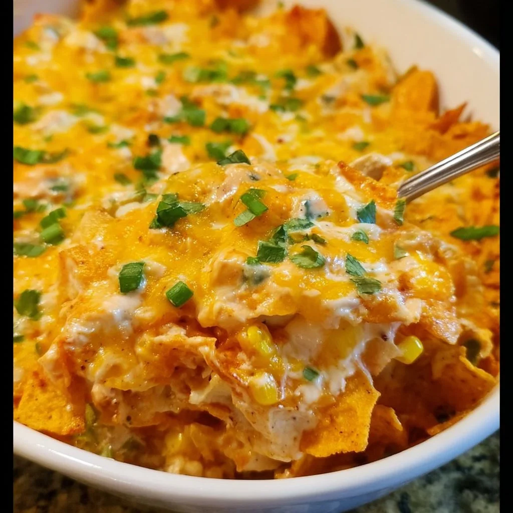 Delicious Doritos Casserole with Chicken topped with crunchy chips and cheese