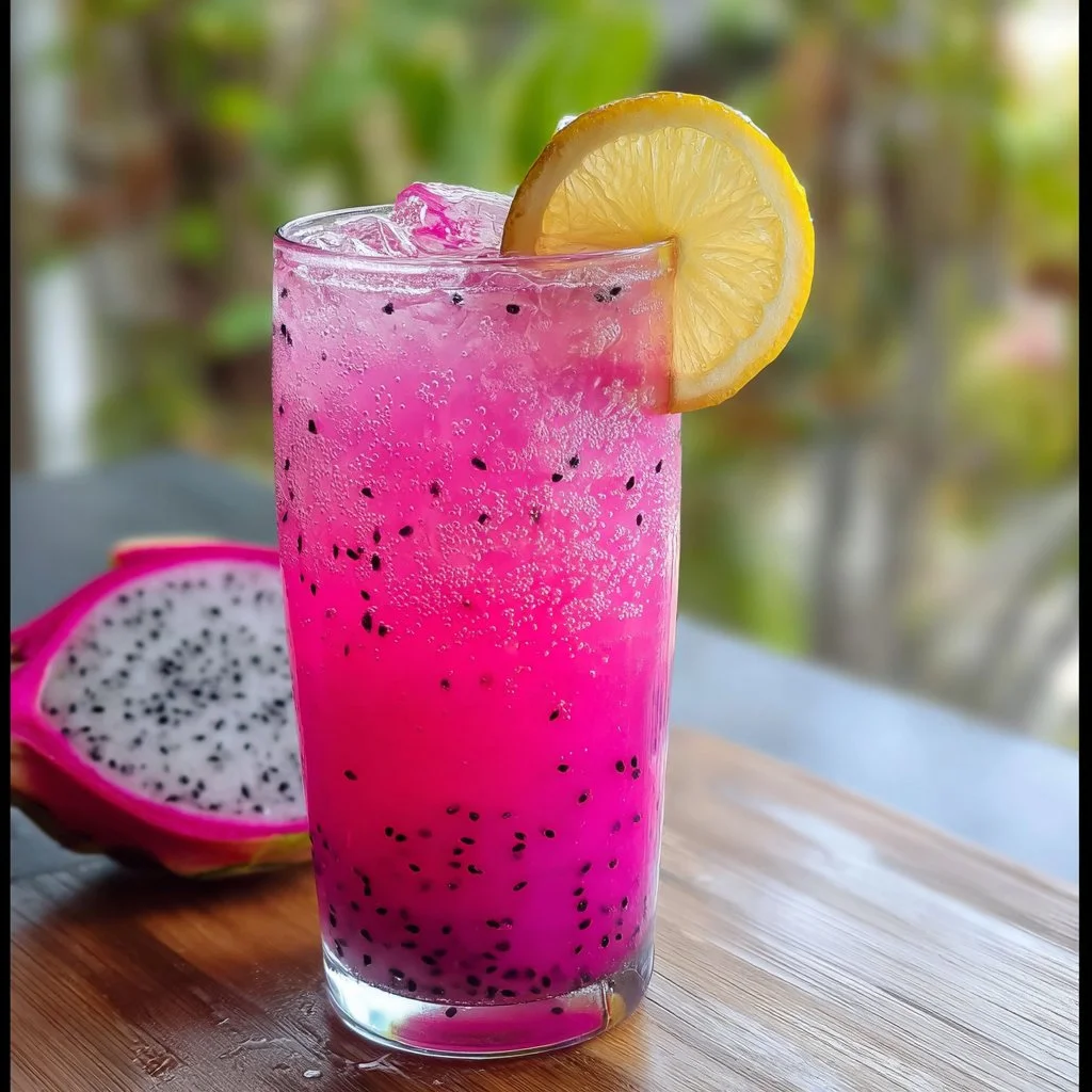 A refreshing glass of dragonfruit lemonade, garnished with lemon slices and mint leaves.