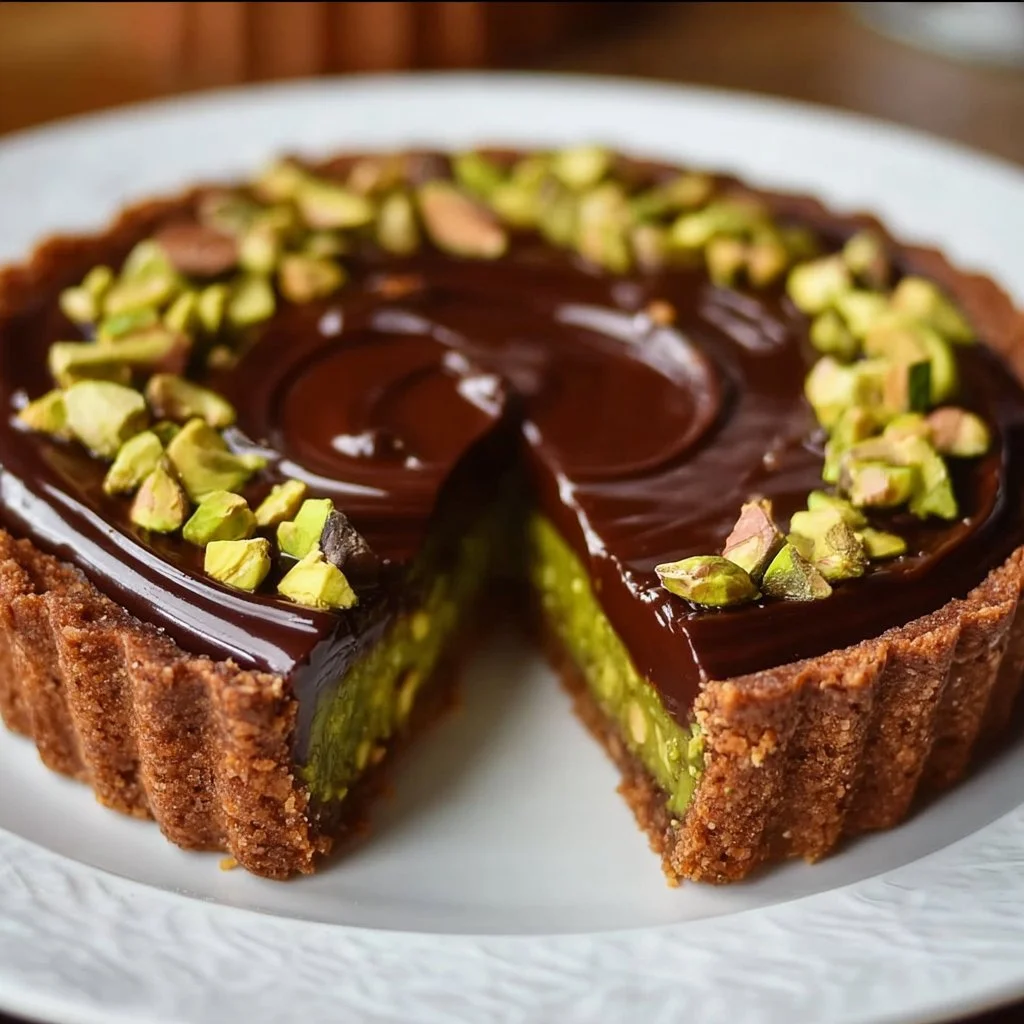 Delicious Dubai-inspired chocolate ganache pistachio tart