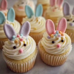 Easter Bunny Cupcakes decorated with colorful egg designs for a festive treat
