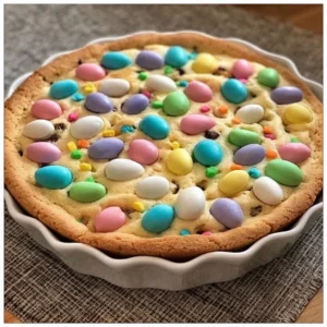 Delicious Easter cookie cake decorated with pastel colors and Easter-themed sprinkles.