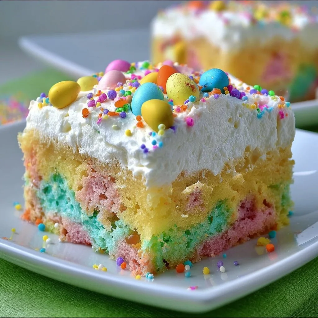 Delicious Easter Poke Cake decorated with pastel colors and festive toppings.