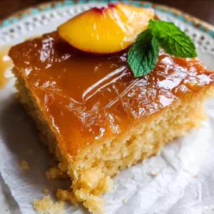 Slice of easy brown sugar peach cake with fresh peach slices on top