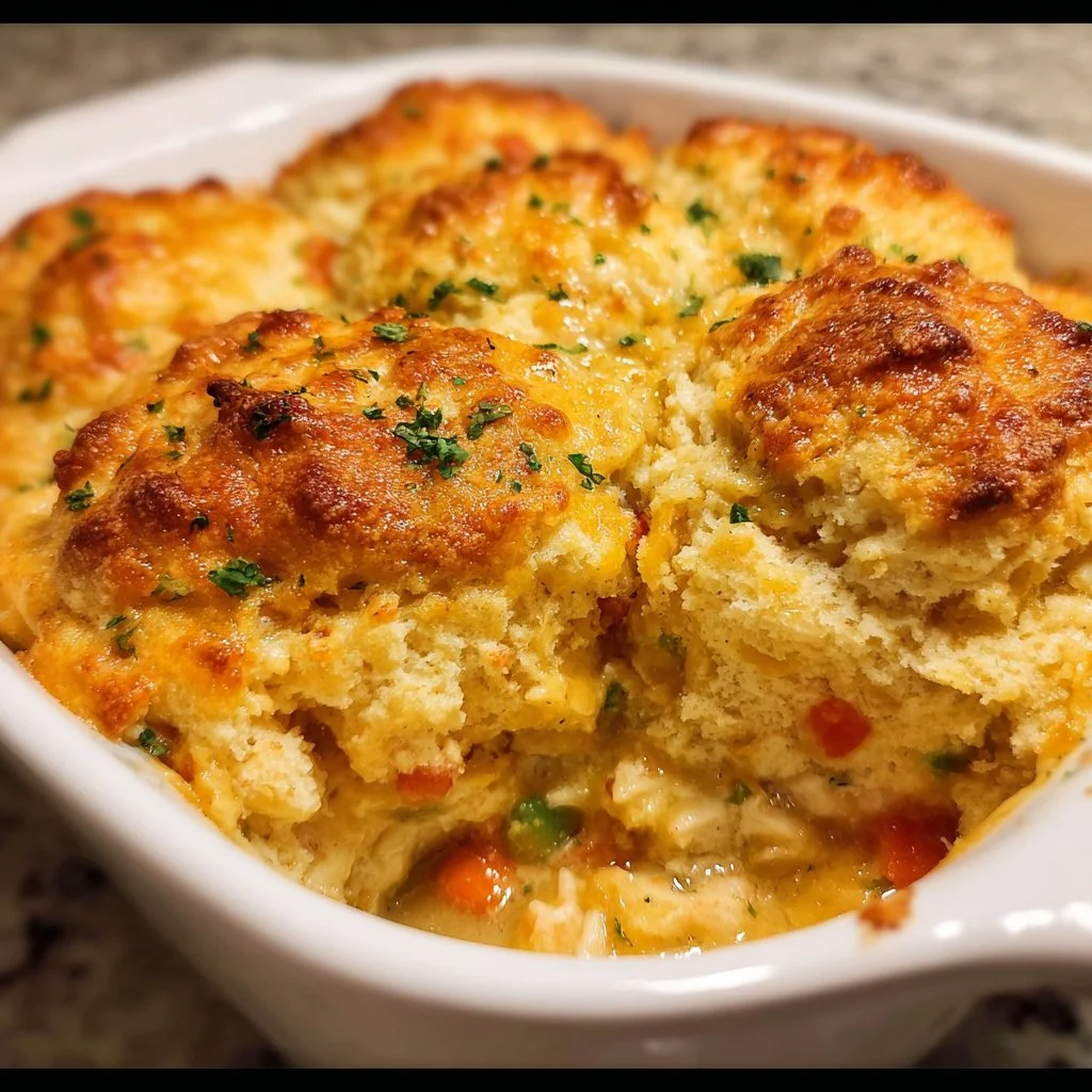 Delicious easy chicken cobbler topped with Red Lobster biscuits.