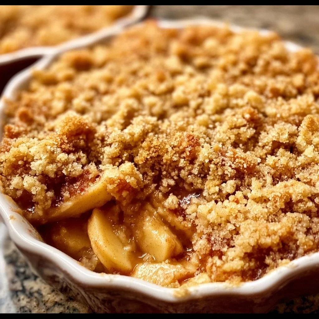 Delicious easy classic apple crumble dessert served in a bowl with a scoop of ice cream