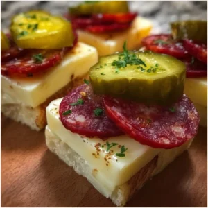 Delicious marinated cheese appetizer with salami and pickles on a serving platter.