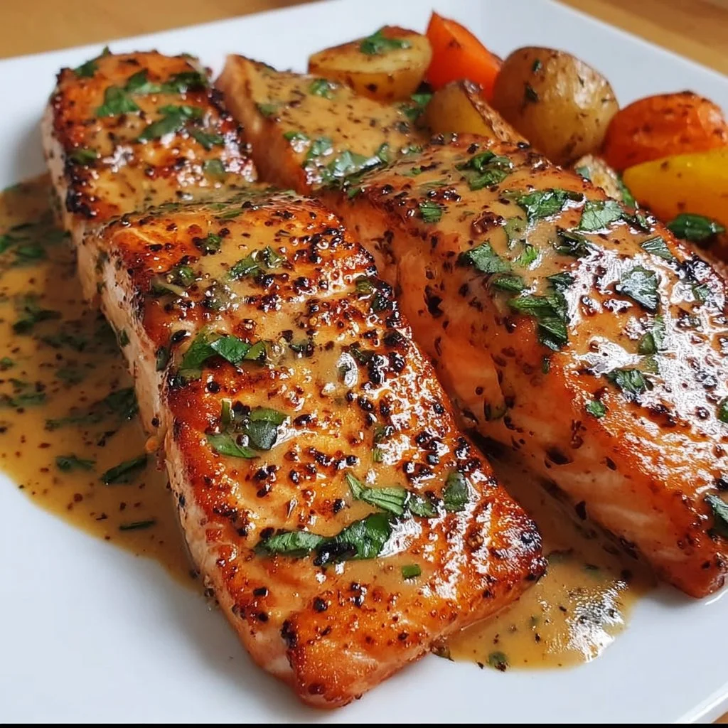 Delicious Easy Marry Me Salmon on a plate with herbs and vegetables