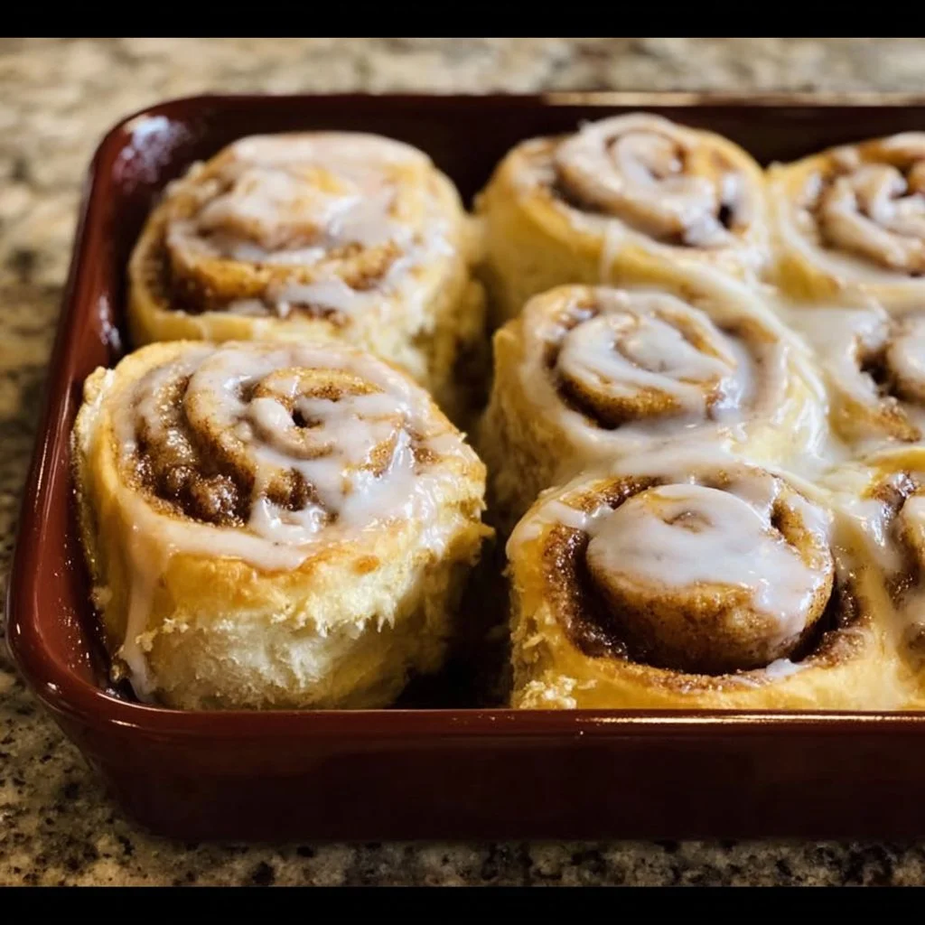 Freshly baked easy no-rise cinnamon rolls topped with icing