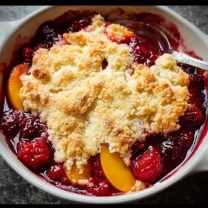 Delicious Easy Peach Raspberry Cobbler with fresh fruits and a golden crust