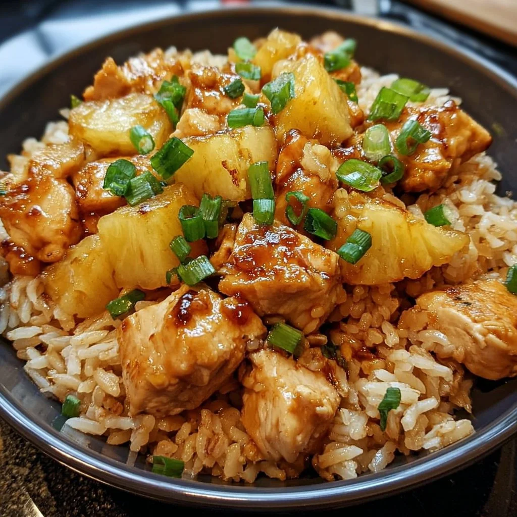 Plate of easy pineapple chicken served with rice and garnished with green onions