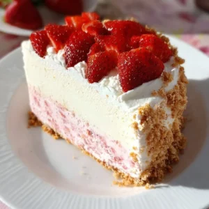 Slice of easy strawberry crunch ice cream cake with strawberries and crunchy topping