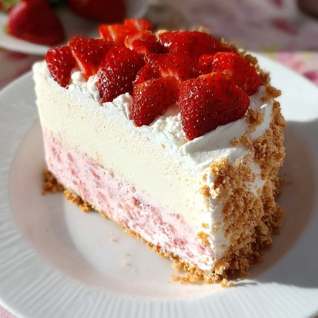 Slice of easy strawberry crunch ice cream cake with strawberries and crunchy topping