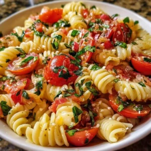 Easy summer bruschetta pasta dish with fresh tomatoes and basil