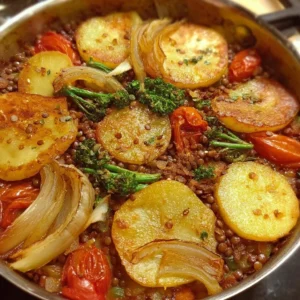 Bowl of easy vegan hotpot with lentils and fresh vegetables