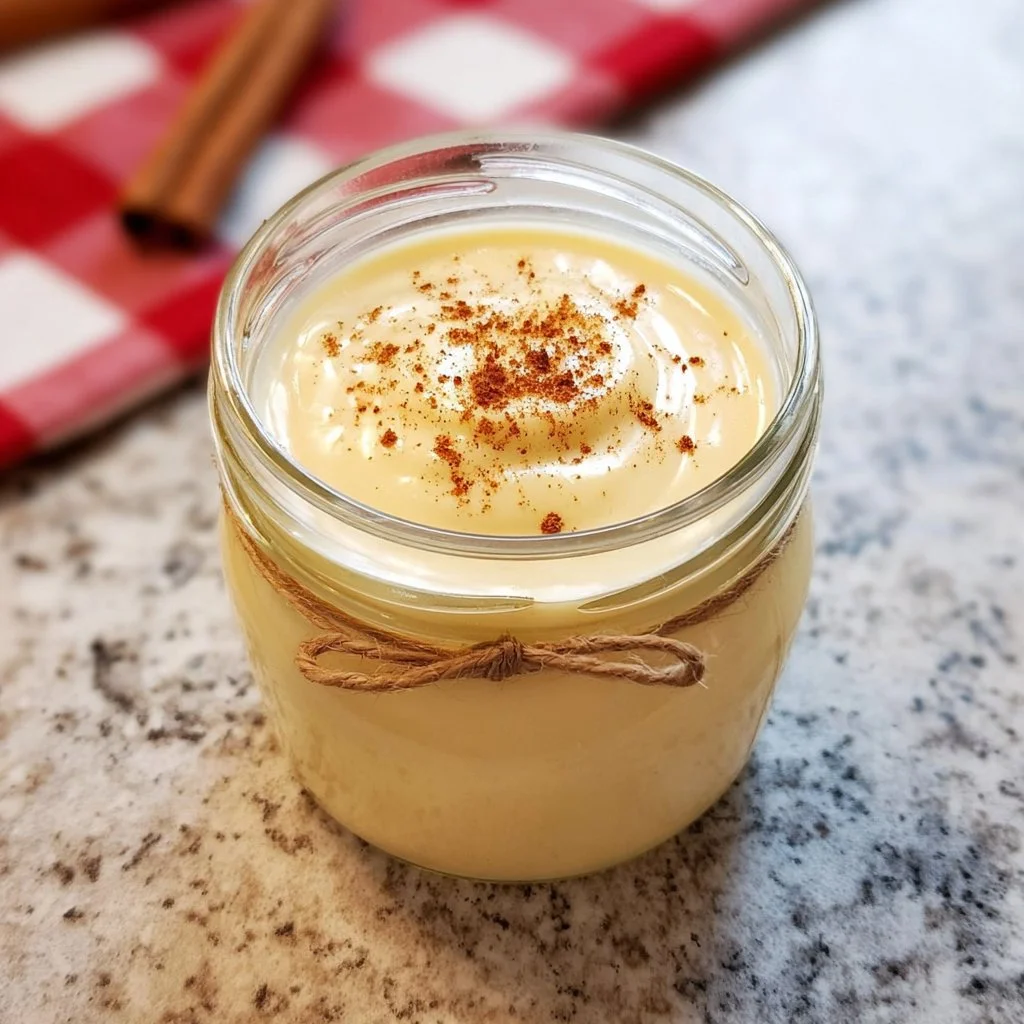 Delicious homemade eggnog custard spread in a jar for festive desserts.