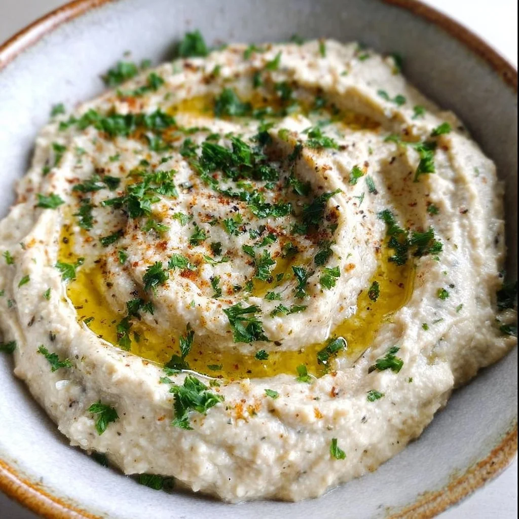 Bowl of creamy eggplant dip served with fresh vegetables and pita bread